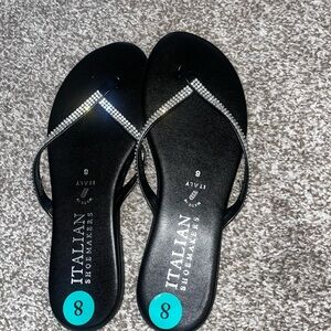 Black rhinestone flip flops